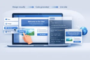 Illustration of a web page builder interface with drag-and-drop elements, generated code, and a live website preview