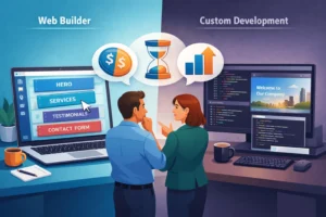 Side-by-side illustration of a drag-and-drop web builder interface and a developer coding a custom website, with business owners comparing cost, time, and scalability