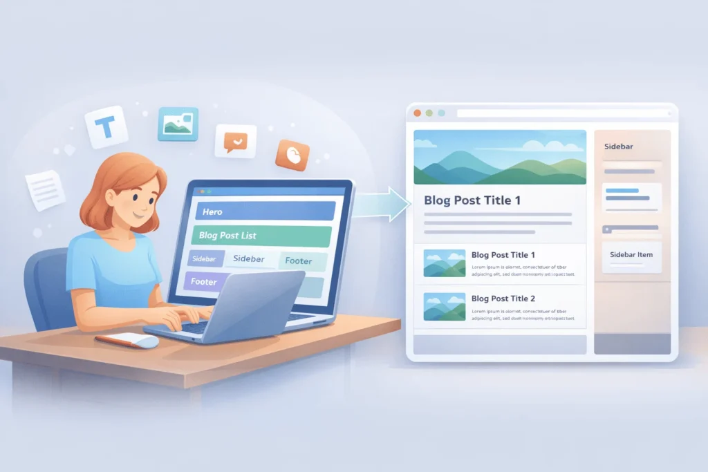 Non-technical blogger using a visual web page builder editor that matches the final blog layout shown in a browser preview