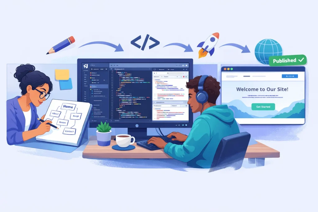 Illustration showing the website development journey from planning on paper to coding in VS Code to launching a live website