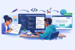 Illustration showing the website development journey from planning on paper to coding in VS Code to launching a live website