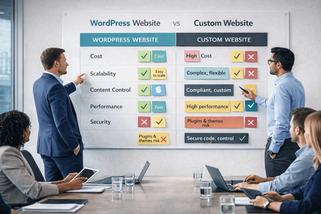 CTO and business owner evaluating a decision matrix comparing WordPress website and custom website options.