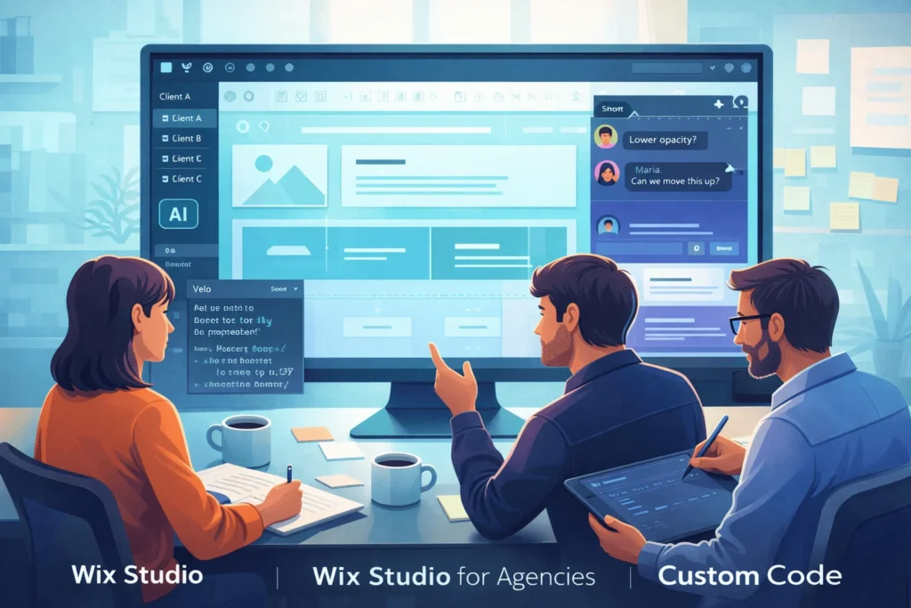 Agency team working in front of a Wix Studio-style interface with responsive controls, Velo code, and real-time collaboration indicators