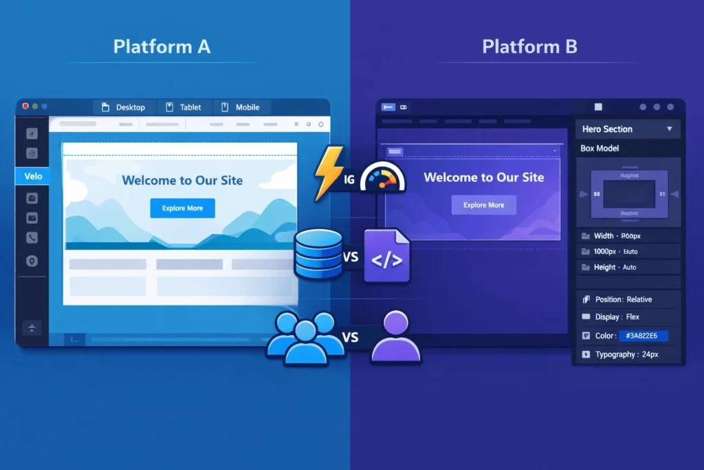 Split-screen showing a Wix Studio-style drag-and-drop builder with Velo on one side and a Webflow-style class-based designer on the other
