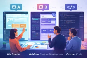 Three side-by-side panels showing a Wix Studio-style builder, a Webflow-style designer, and a code editor for custom development with professionals comparing options