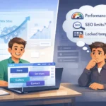 Small business owner building a Wix-style website on a laptop, with pros on one side and concerns about performance and SEO on the other