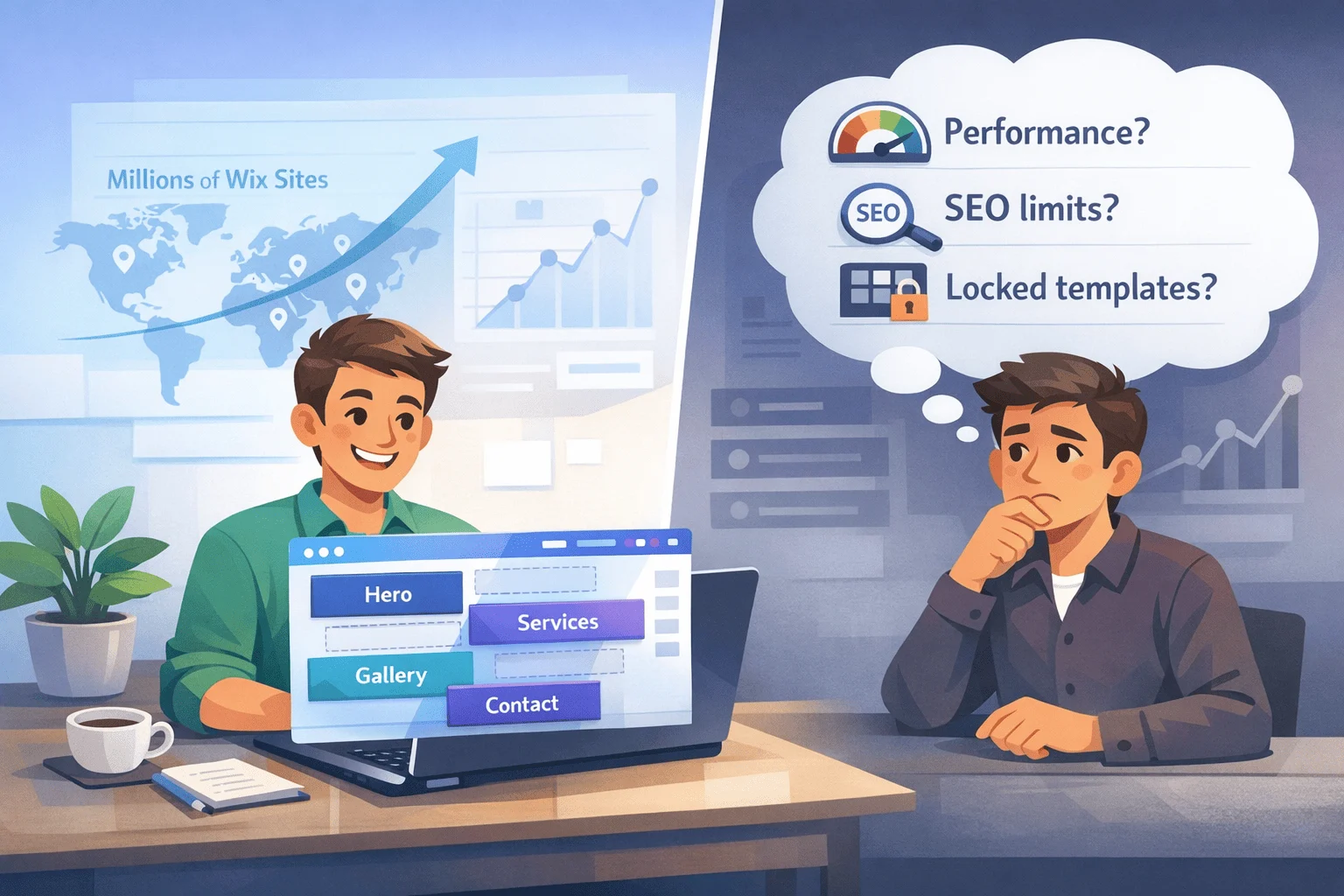Small business owner building a Wix-style website on a laptop, with pros on one side and concerns about performance and SEO on the other
