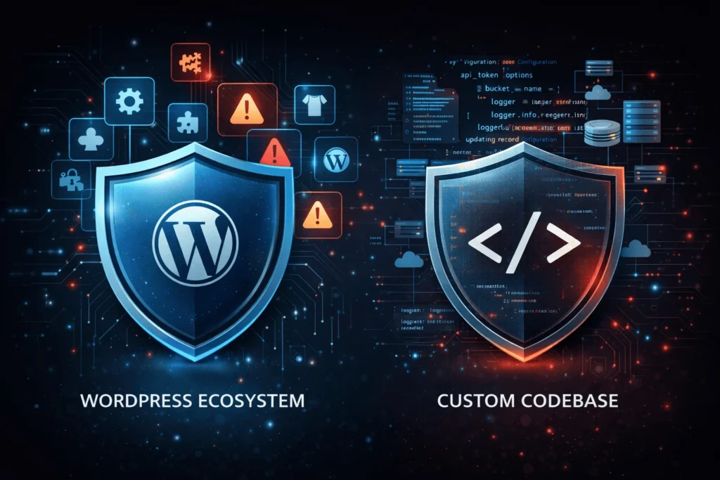 Visual comparison of security considerations for WordPress plugin ecosystem and custom‑coded websites.