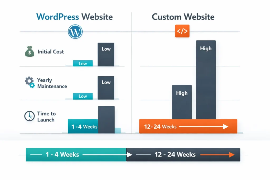 Infographic comparing cost and launch timelines for WordPress and custom websites.