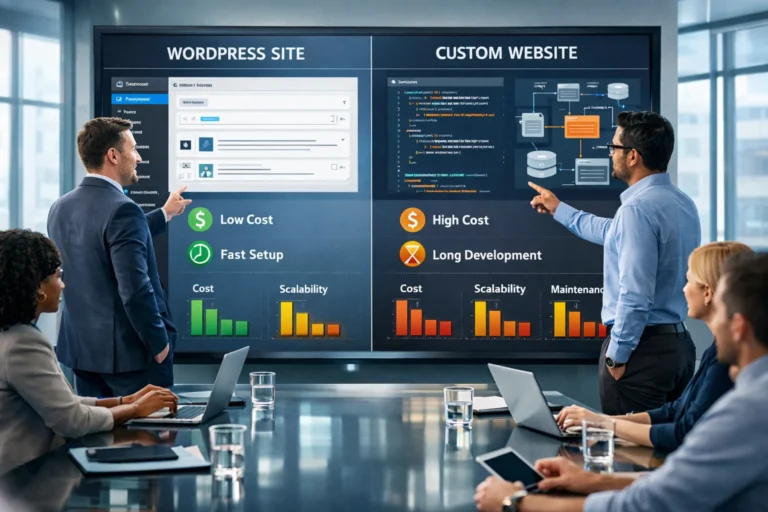 Business team comparing WordPress website and custom website options on a large digital screen.