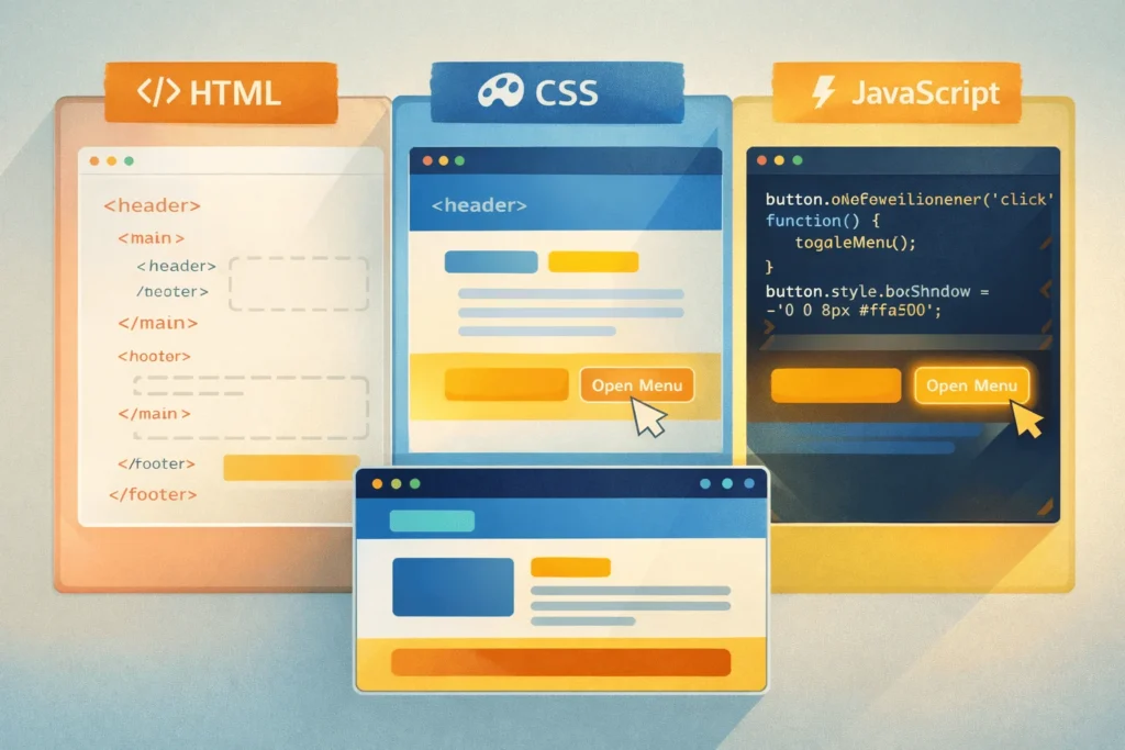 Three overlapping panels showing HTML structure, CSS styling, and JavaScript interactivity combining into a finished web page in a browser