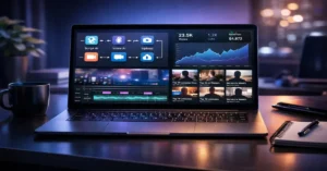 AI YouTube automation workflow on laptop