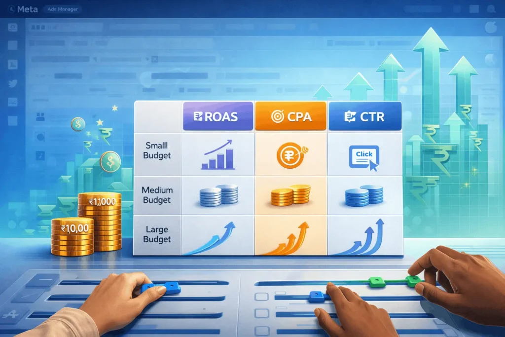 nfographic table of key Facebook Ads scaling metrics by budget stage