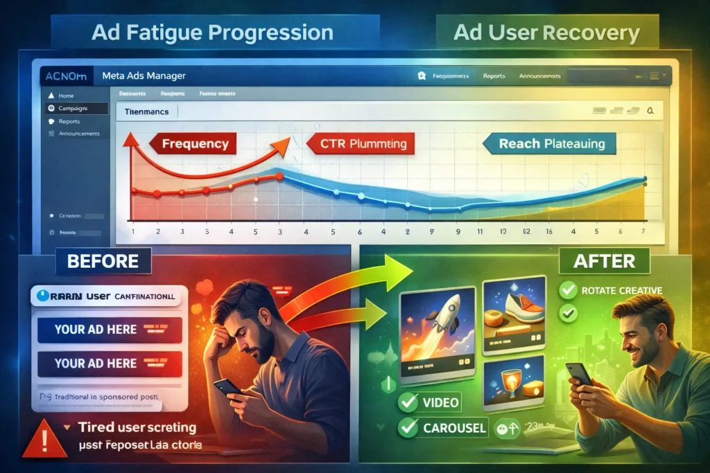 Infographic of Facebook Ads ad fatigue symptoms and rotation fixes