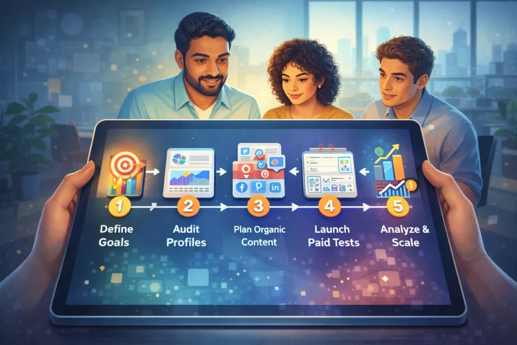 Step-by-step flowchart for creating an ROI-driven organic and paid social media marketing strategy.