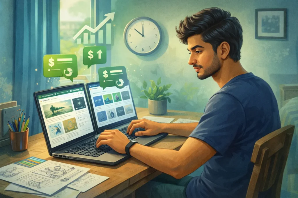  Student launching freelance career from home desk.