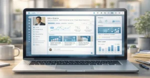 Fresher resume strategy workspace with laptop, resume drafts.