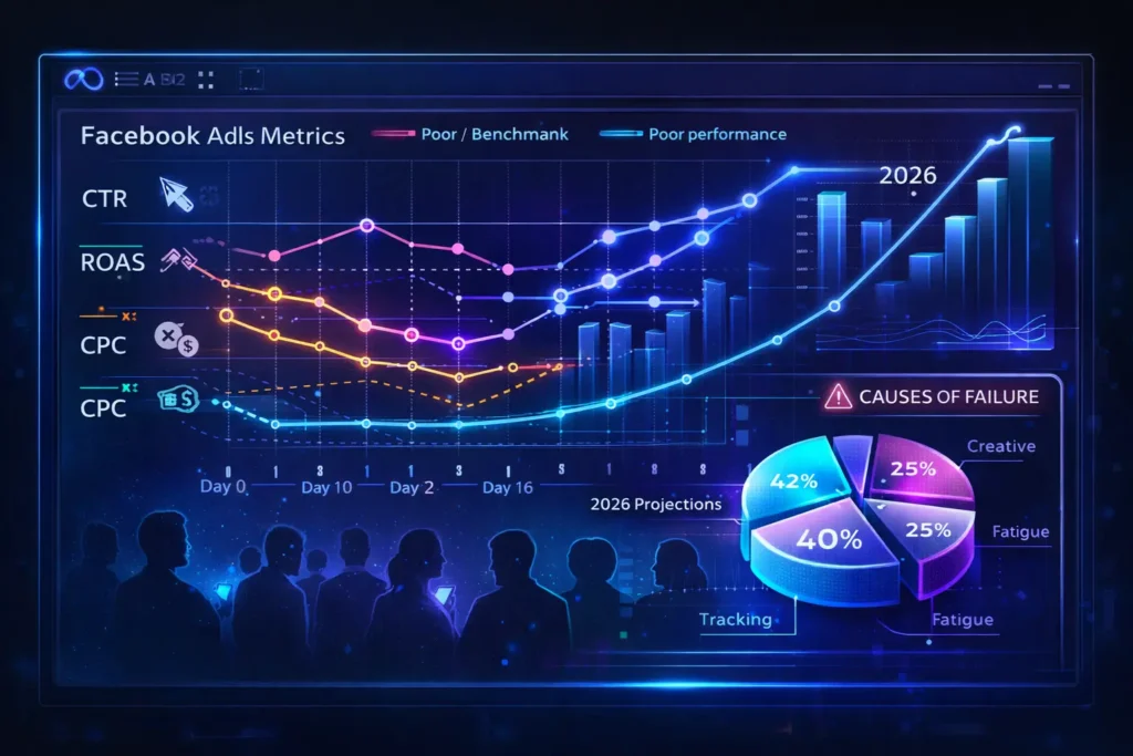 Facebook Ads benchmarks and failure metrics comparison chart