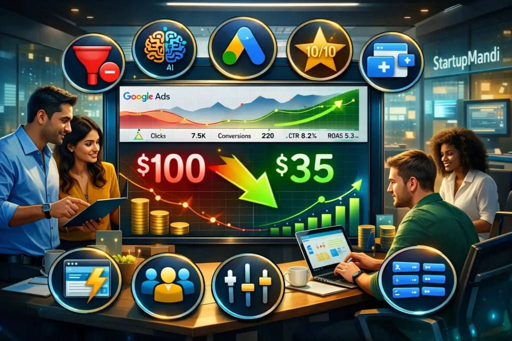 Infographic of Google Ads dashboard illustrating CPL reduction techniques with optimization levers.