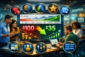 Infographic of Google Ads dashboard illustrating CPL reduction techniques with optimization levers.