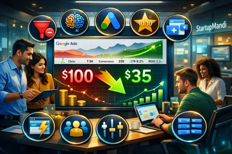 Infographic of Google Ads dashboard illustrating CPL reduction techniques with optimization levers.