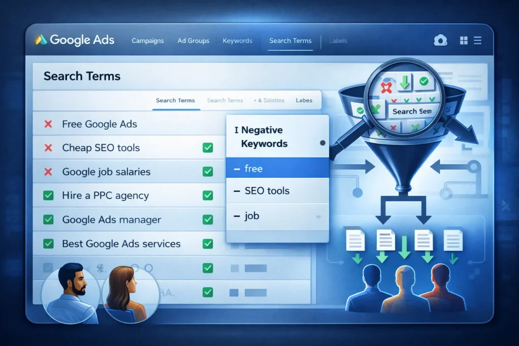 Google Ads Search Terms report with negative keywords applied