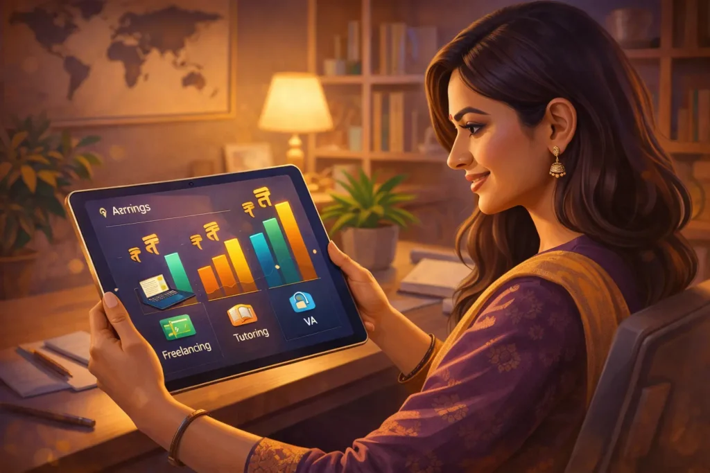 Woman tracking work from home income growth.