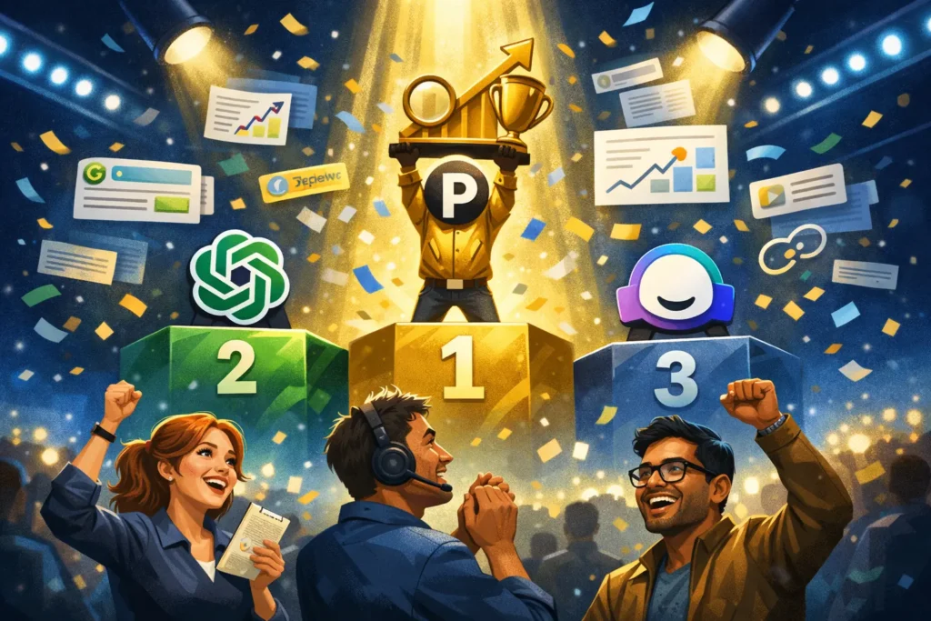 Comparison podium of ChatGPT vs Perplexity vs Jasper for content writing SEO