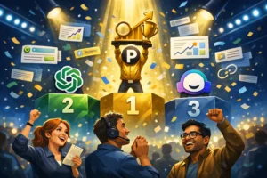 Comparison podium of ChatGPT vs Perplexity vs Jasper for content writing SEO