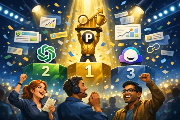 Comparison podium of ChatGPT vs Perplexity vs Jasper for content writing SEO