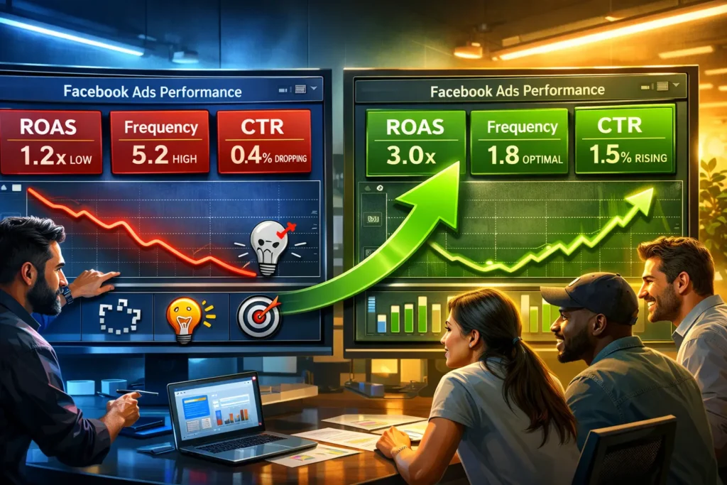 Facebook Ads dashboard failure metrics with recovery path illustration