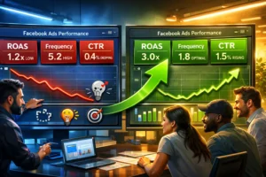 Facebook Ads dashboard failure metrics with recovery path illustration