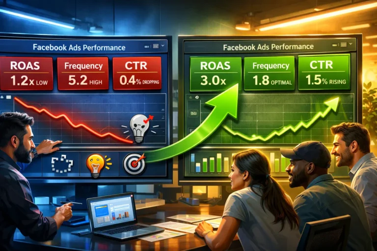Facebook Ads dashboard failure metrics with recovery path illustration