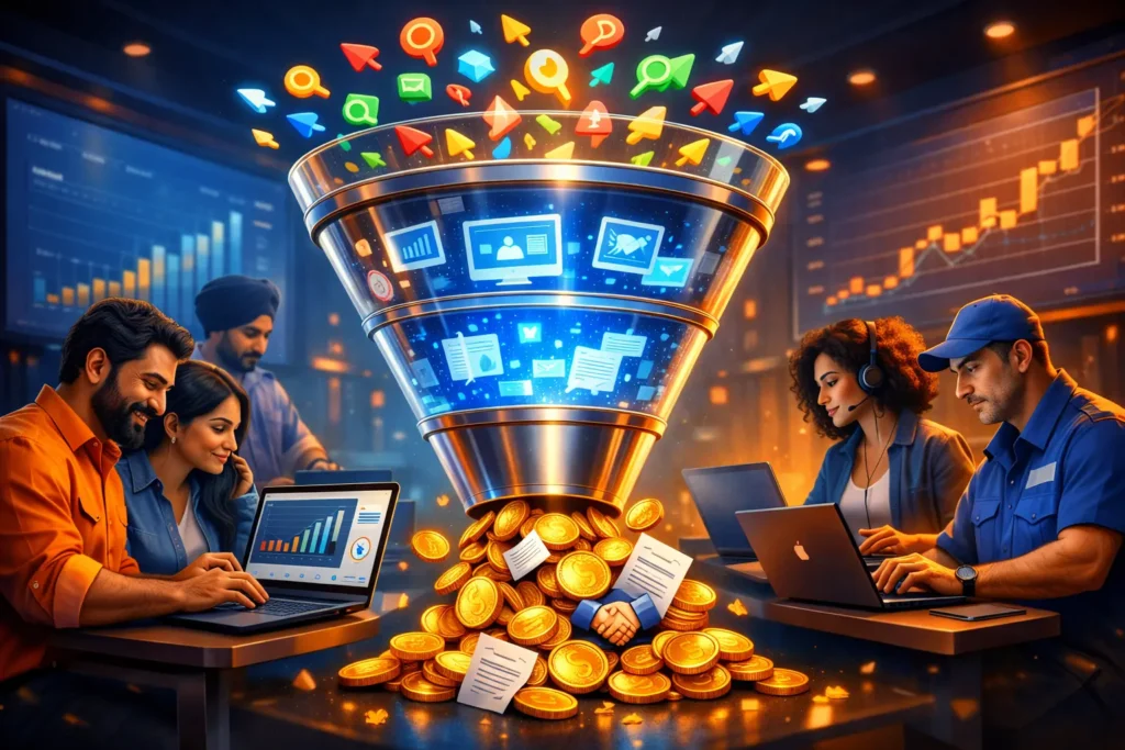 Search Engine Marketing funnel visualization turning clicks to customers for B2B