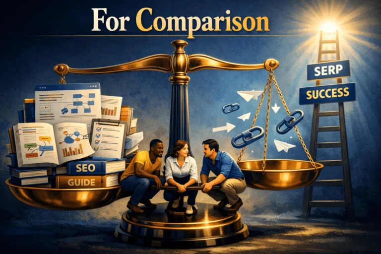 Balance scale weighing on-page content vs off-page backlinks for SEO