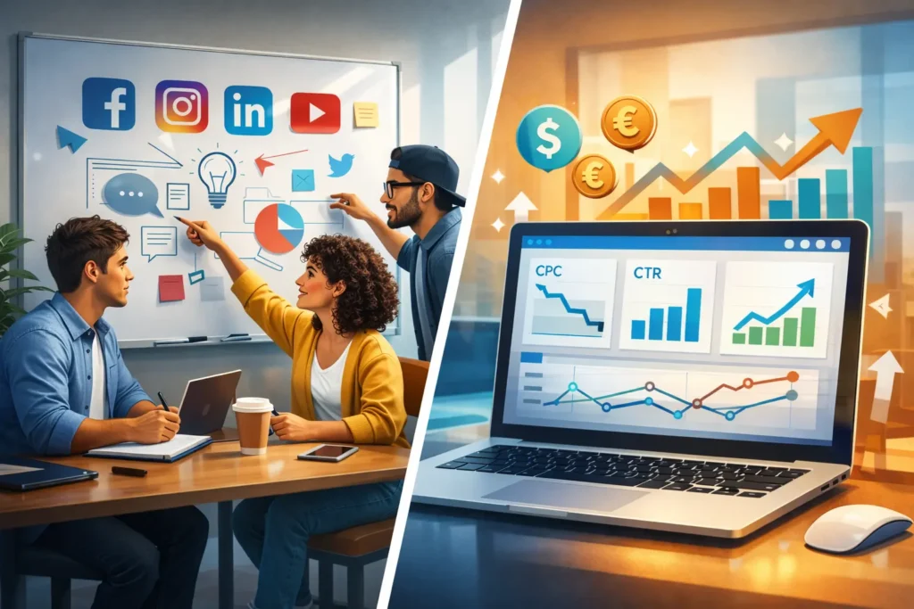 Comparison illustration of organic vs paid social media marketing for startups