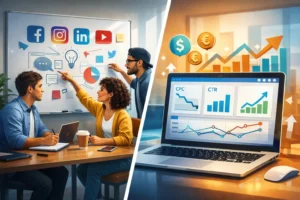 Comparison illustration of organic vs paid social media marketing for startups