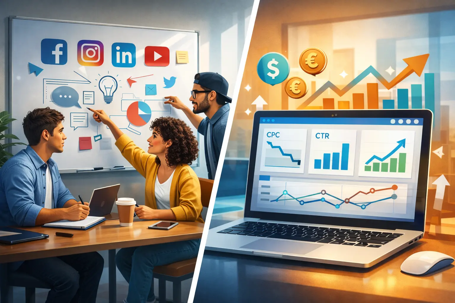 Comparison illustration of organic vs paid social media marketing for startups