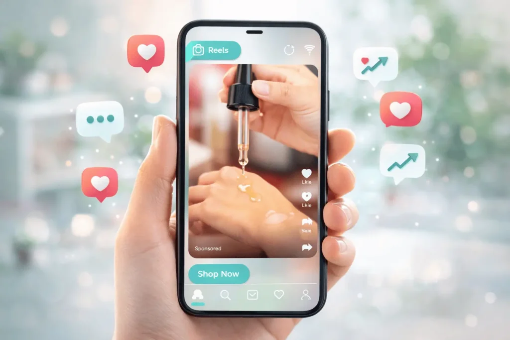 Smartphone showing a vertical Instagram Reels ad with engagement icons and growth indicators.