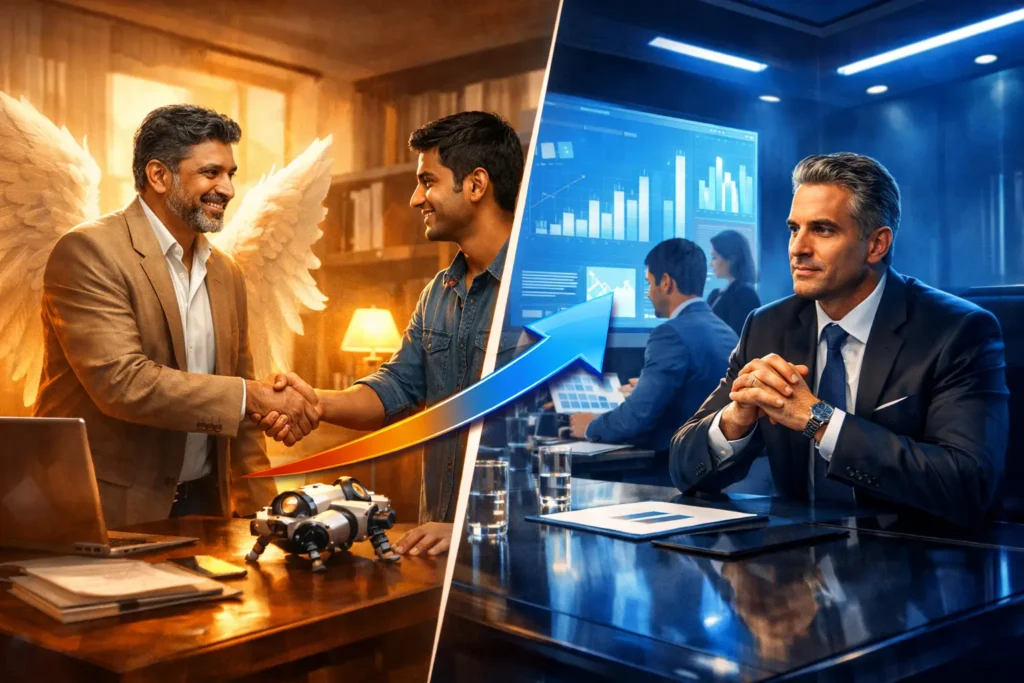 Angel investor vs venture capitalist comparison visual for early vs growth stage funding