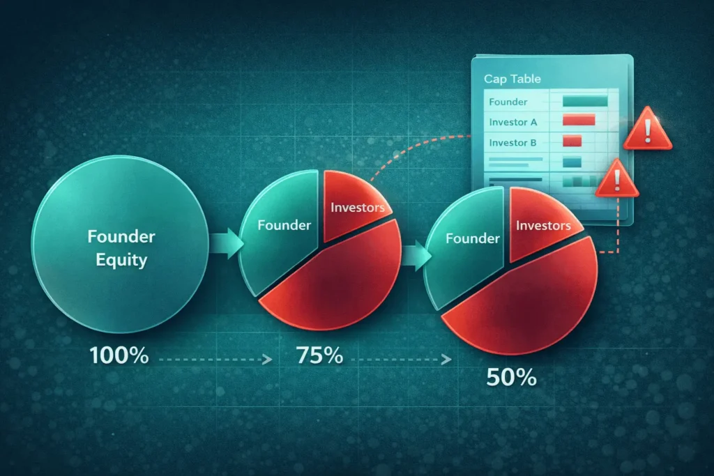 Visual cap table showing equity dilution across fundraising rounds
