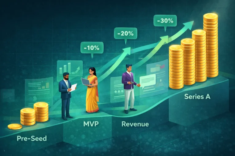 Startup fundraising timeline from pre-seed to Series A with dilution markers