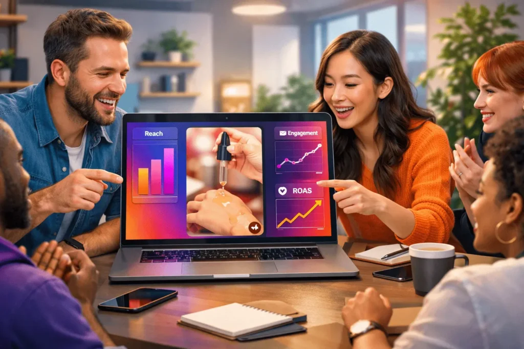 D2C founder and creator analyzing Instagram Reels ad metrics on a laptop in a modern office.