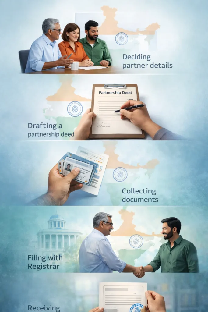  Step-by-step visual showing the main stages of partnership firm registration in India.