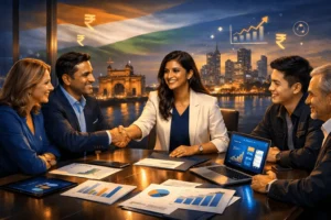 Indian founder shaking hands with angel investors in modern office with growth charts