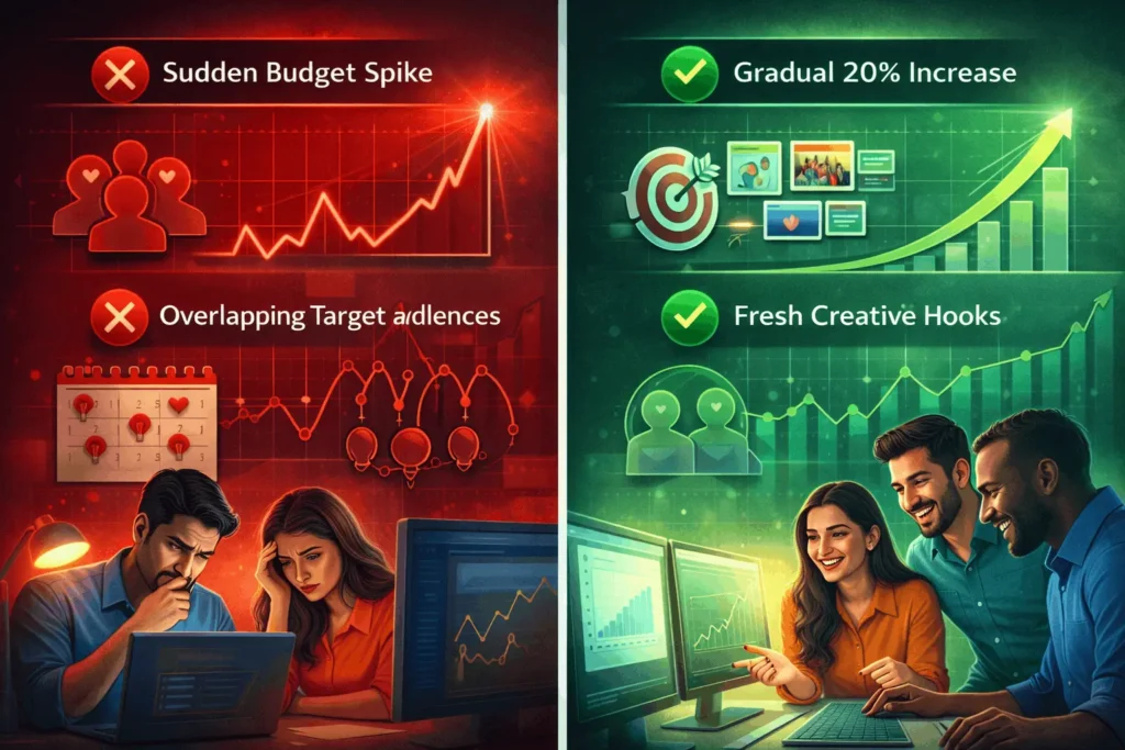 Visual warnings for top Facebook Ads scaling mistakes vs correct tactics