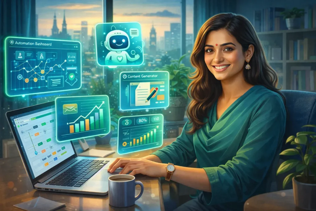 Diverse entrepreneur using AI tools for small business automation in home office