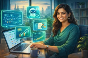 Diverse entrepreneur using AI tools for small business automation in home office