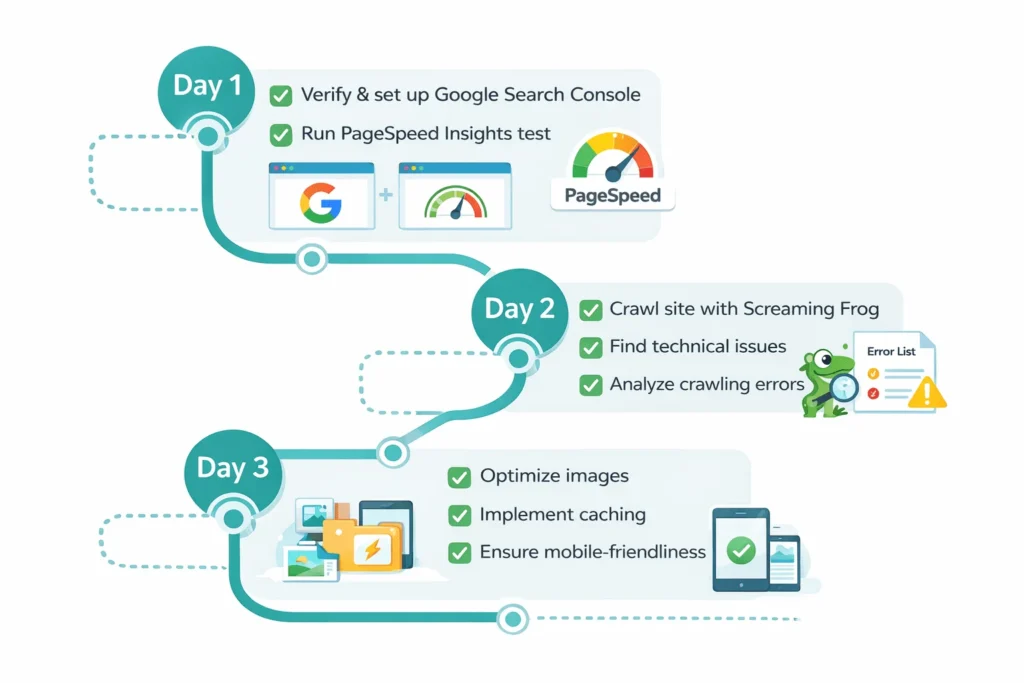 Three-day technical SEO audit roadmap: scans, crawl analysis, optimization fixes