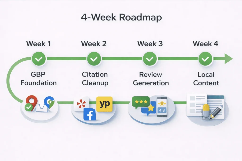30-day local SEO roadmap: GBP, citations, reviews, content execution timeline